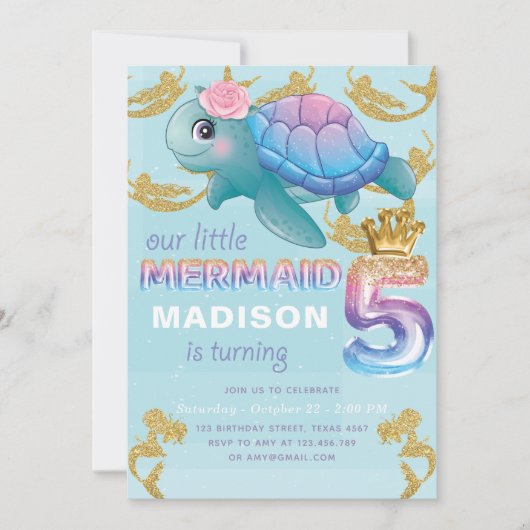 マーメイド5th誕生日ピンクブルー金ゴールドグリッター 招待状 (正面)