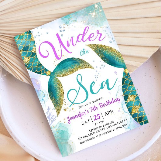 マーメイド7誕生日パープルティール（緑がかった色）アンダーザシー 招待状
