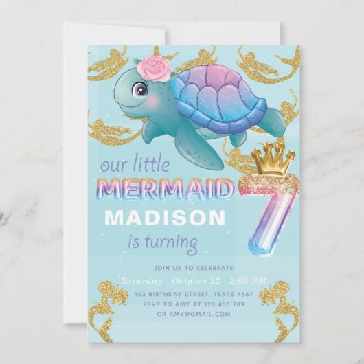 マーメイド7誕生日ピンクブルー金ゴールドグリッター 招待状 (正面)