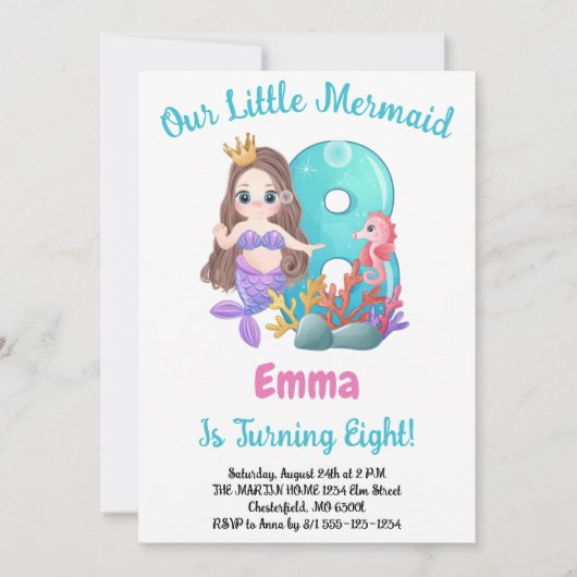 マーメイド8th誕生日パーティーへの招待 招待状 (正面)