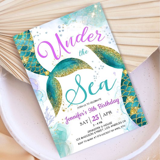 マーメイド9th誕生日パープルティール（緑がかった色）アンダーザシー 招待状