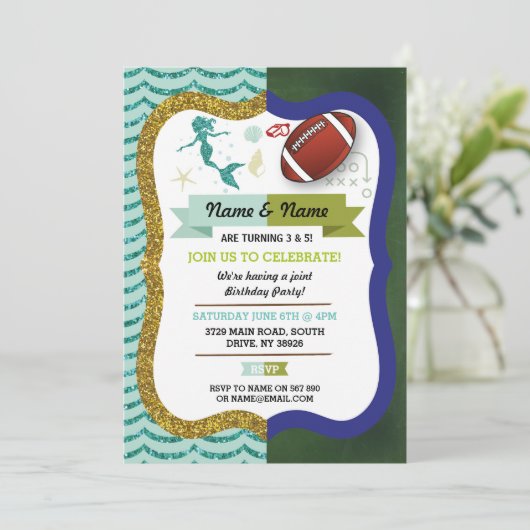 マーメイド&アメリカンフットボールボーイガール誕生日 招待状 (スタンド正面)