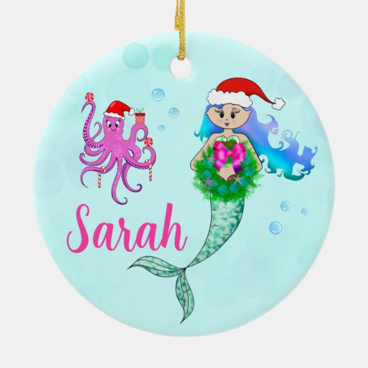 マーメイド&カラフルタコのクリスマスリース セラミックオーナメント (裏面)