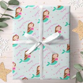マーメイド クリスマス ピンク ティール 名入れ ラッピングペーパー