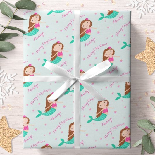 マーメイド クリスマス ピンク ティール 名入れ ラッピングペーパー