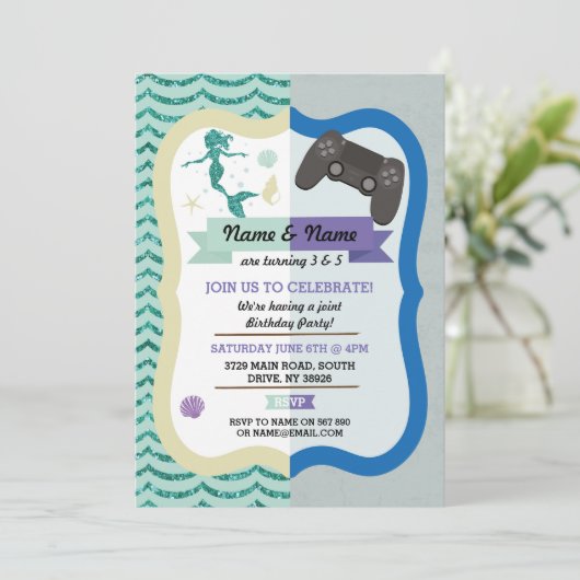 マーメイド&ゲームジョイントボーイガール誕生日招待状 招待状 (スタンド正面)