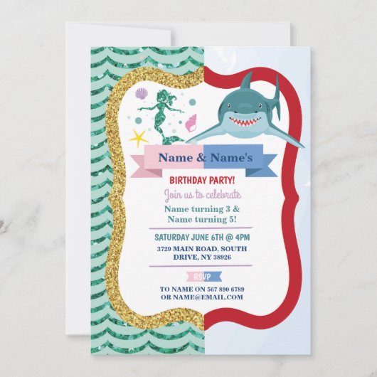 マーメイド&シャークジョイントボーイガール誕生日 招待状 (正面)