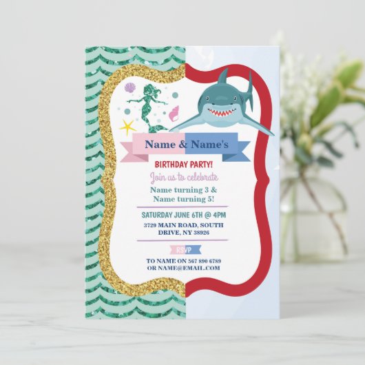 マーメイド&シャークジョイントボーイガール誕生日 招待状 (スタンド正面)