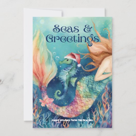 🧜 ♀️‍マーメイド&シーホースサンタビーチクリスマス シーズンカード (正面)