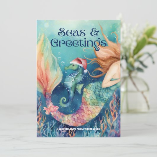 🧜 ♀️‍マーメイド&シーホースサンタビーチクリスマス シーズンカード (スタンド正面)
