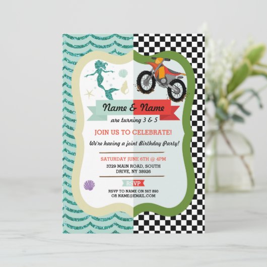 マーメイド&ダートバイクジョイントボーイガール誕生日招待状 招待状 (スタンド正面)