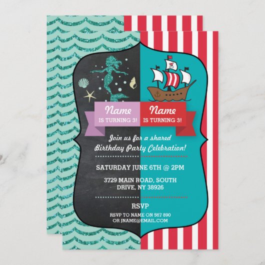 マーメイド&パイレーツジョイントボーイガール誕生日招待状 招待状 (正面/裏面)