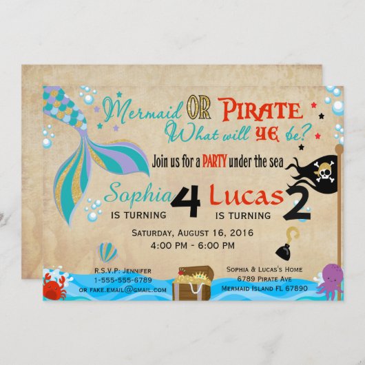 マーメイド&ピレート誕生日ブラザー&シスターパーティー 招待状 (正面/裏面)