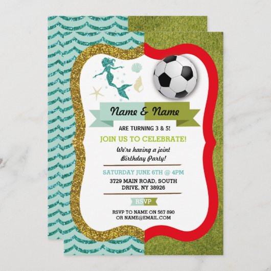 マーメイド&フットボールボーイガール誕生日サッカー 招待状 (正面/裏面)