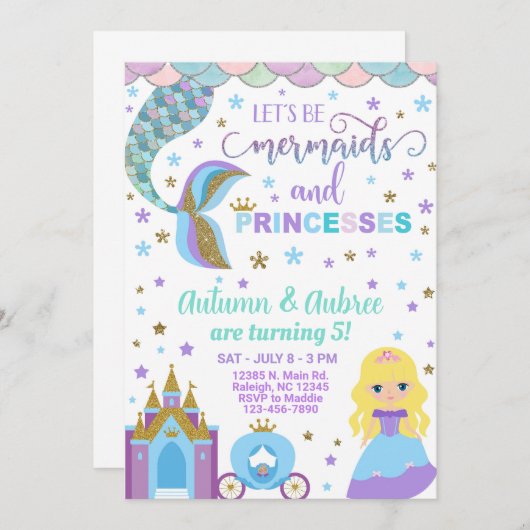 マーメイド&プリンセスガールの誕生日の招待。 招待状 (正面/裏面)
