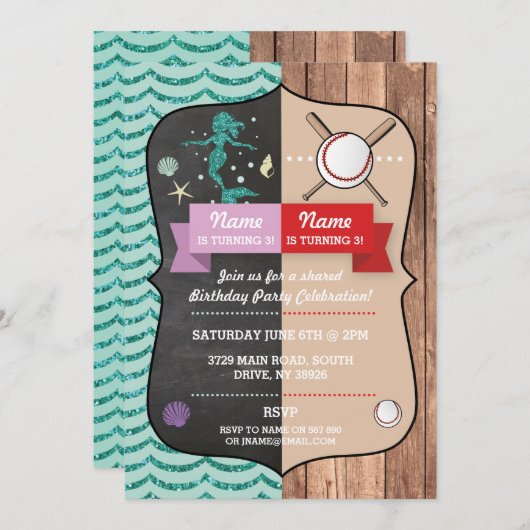 マーメイド&ベースボールジョイントボーイガール誕生日招待状 招待状 (正面/裏面)