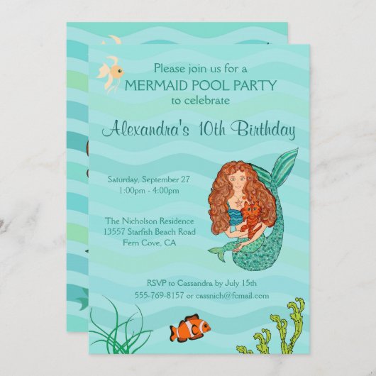 マーメイド&マーキャットバースデーパーティーの招待 招待状 (正面/裏面)