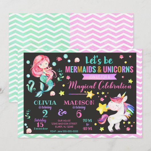 マーメイド&ユニコーンジョイント誕生日招待状 招待状 (正面/裏面)