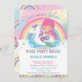 マーメイド&ユニコーンプールパーティー誕生日ピンクヘア 招待状 (正面/裏面)