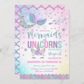 マーメイド&ユニコーン誕生日招待状魔法パーティー 招待状 (正面/裏面)