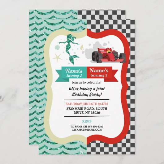 マーメイド&レーシングカージョインボーイガール誕生日 招待状 (正面/裏面)
