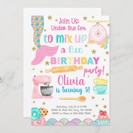マーメイド&料理ベーキング女の子の誕生日の招待。 招待状 (正面/裏面)