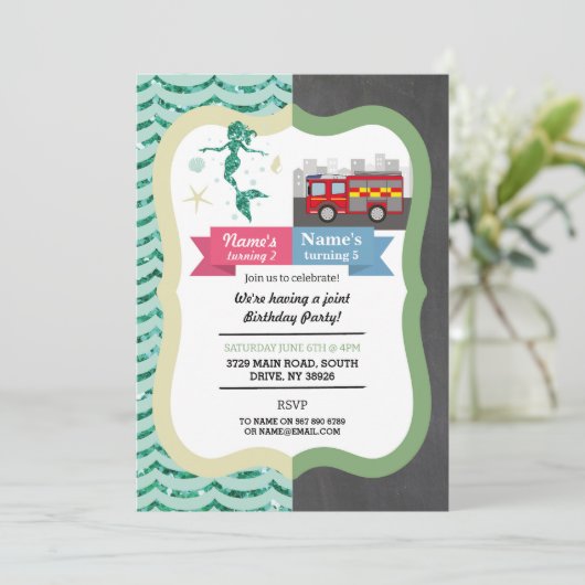マーメイド&消防車の共同ボーイガール誕生日 招待状 (スタンド正面)