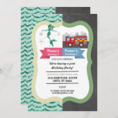 マーメイド&消防車の共同ボーイガール誕生日 招待状 (正面/裏面)