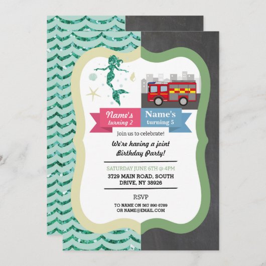 マーメイド&消防車の共同ボーイガール誕生日 招待状 (正面/裏面)