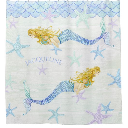 マーメイドnスターフィッシュウッドウォータースカラービーチデコール シャワーカーテン (正面)