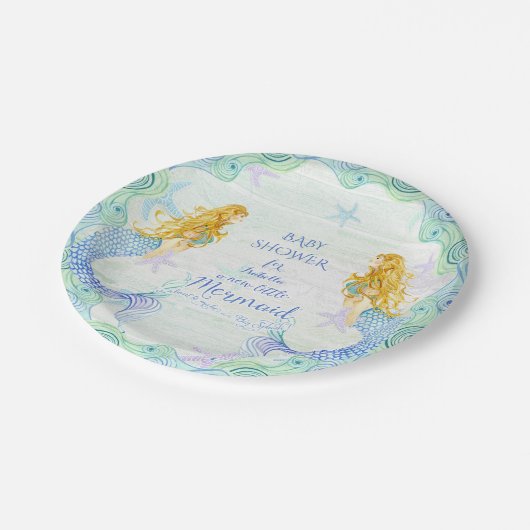 マーメイドnヒトデ赤ちゃんシャワー水の色ウッドアート ペーパープレート (アングル)