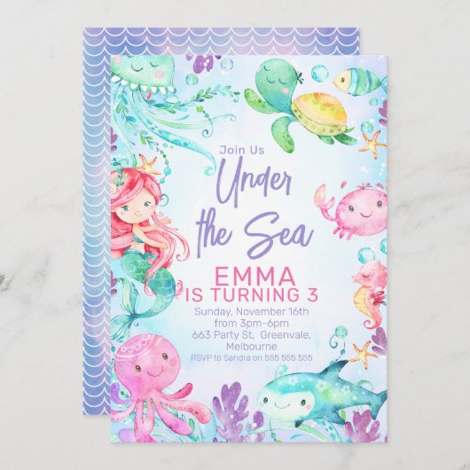 マーメカラフルードアンダーザシー誕生日招待状 招待状 (正面/裏面)