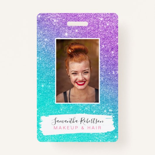 マーメガーリーイドパープルグリッターチックターコイズグラデーション バッジ (正面)