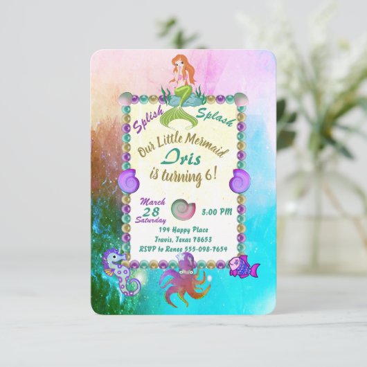 マーメパーソナライズされたイドアンダーザシー誕生日招待状 出欠カード (スタンド正面)