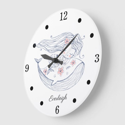 マーメパーソナライズされたイドホエールガールズ子供部屋  ラージ壁時計 (傾斜)