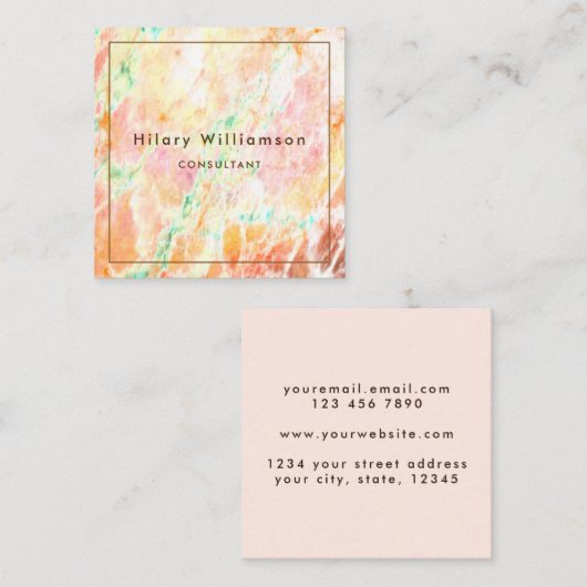 マーユニークブルストーンオレンジティール（緑がかった色）ピンク スクエア名刺 (正面/裏面)