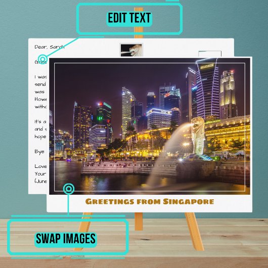 マーライオンをフィーチャーした夜のシンガポールのスカイライン ポストカード