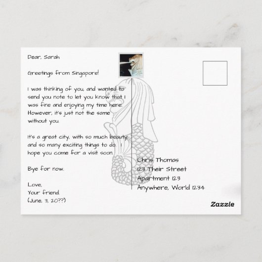 マーライオンをフィーチャーした夜のシンガポールのスカイライン ポストカード (裏面)