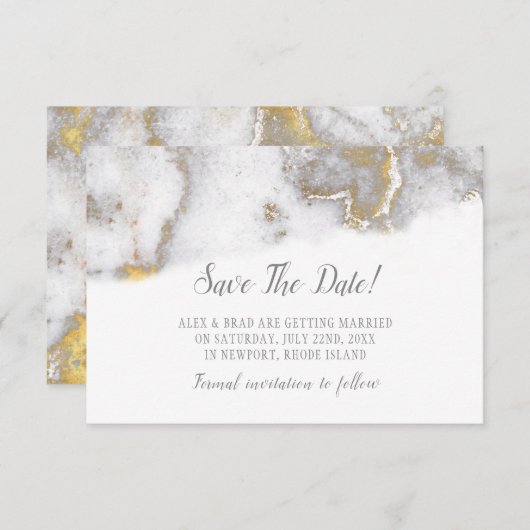 マーリモダンンググレーと金ゴールド結婚式の日付を保存 セーブザデート (正面/裏面)