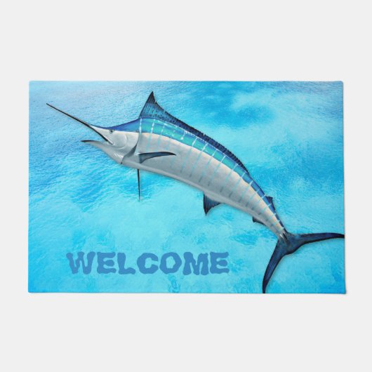 マーリンブルーウォータースポーツフィッシュウェルカム ドアマット (正面)