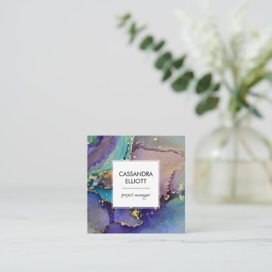 マーリーカラフルド金ゴールド抽象芸術液芸術 スクエア名刺 (スタンド正面)