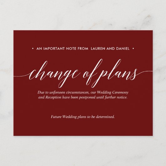 マール・ワイン色の計画変更　延期・中止の結婚式 案内ポストカード (正面)