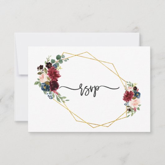 マーレット ネイビーブルー フラワール ゴールドフレーム ウェディング RSVP (正面)