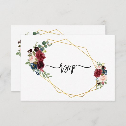 マーレット ネイビーブルー フラワール ゴールドフレーム 結婚式 出席確認 出欠カード (正面/裏面)