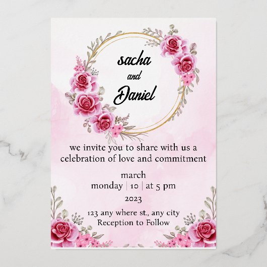 マーン素朴ウィンターウェディングフローラ 箔招待状 (正面)