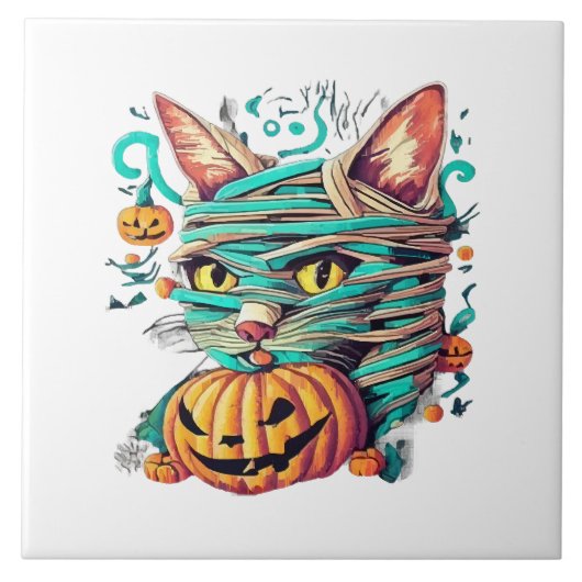 ミイラおもしろいネコのハロウィーン タイル (正面)