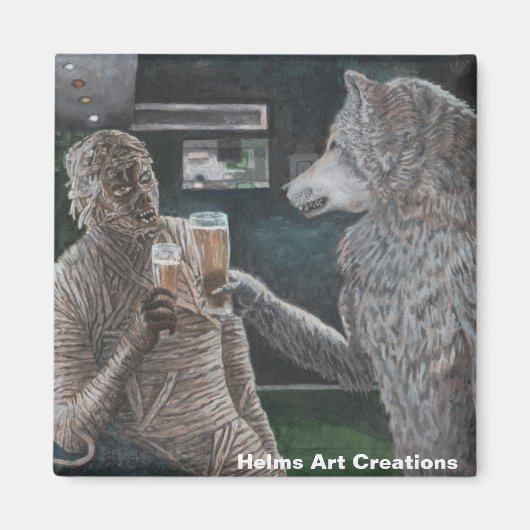 ミイラと人狼ビールボタン磁石を飲む マグネット (正面)