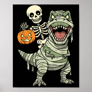 ミイラに乗られたスケルトンのティラノサウルス ハロウィン 楽しい ポスター