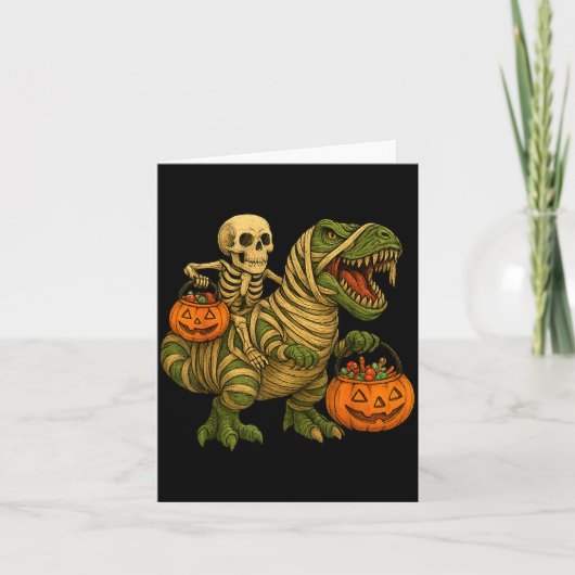 ミイラに乗るスケルトンのティラノサウルス・ハロウィン カード (正面)