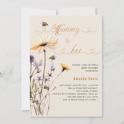 ミイラに野生の花の黄色のベージュの赤ちゃんシャワー 招待状 (正面)